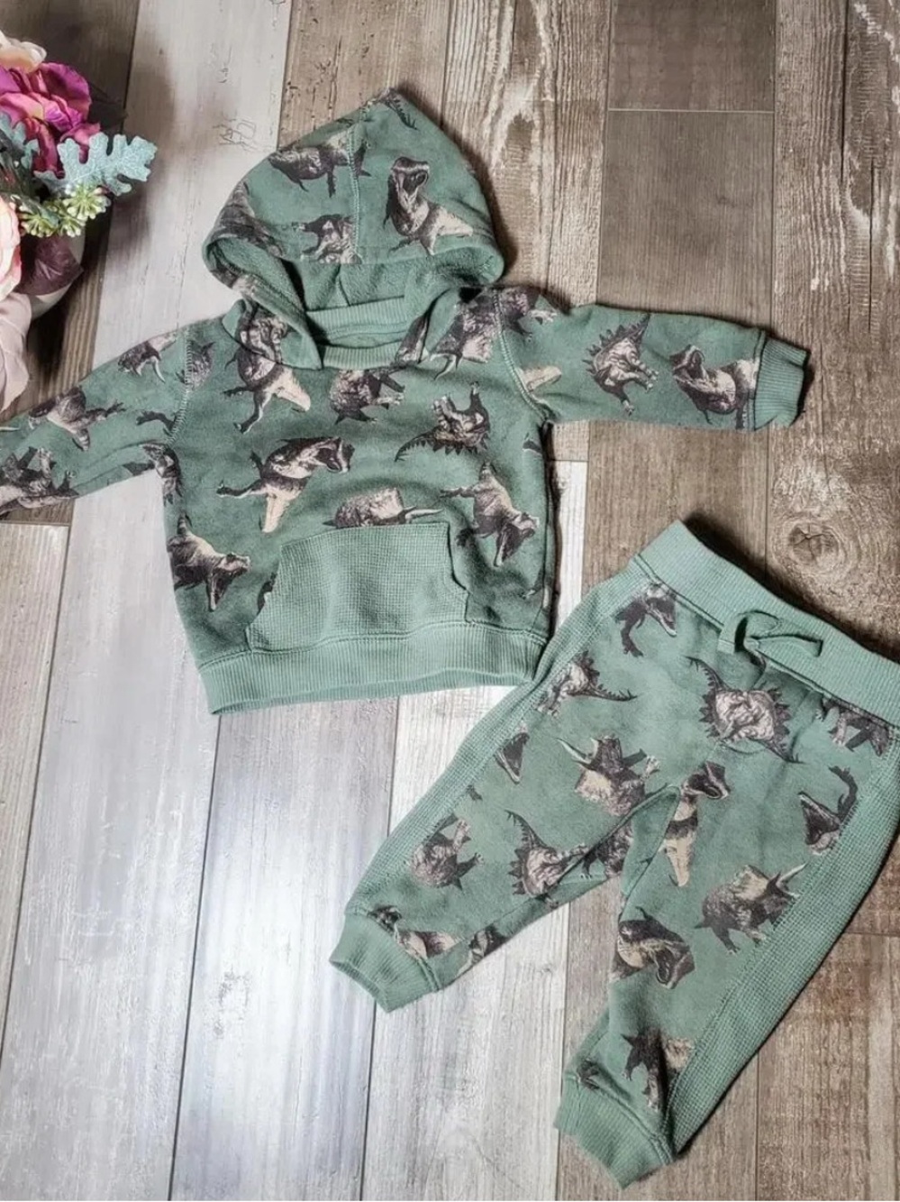 Wonder Nation Toddler Boy Hoodie and Joggers Set 2-Piece Size 12m Green Dino